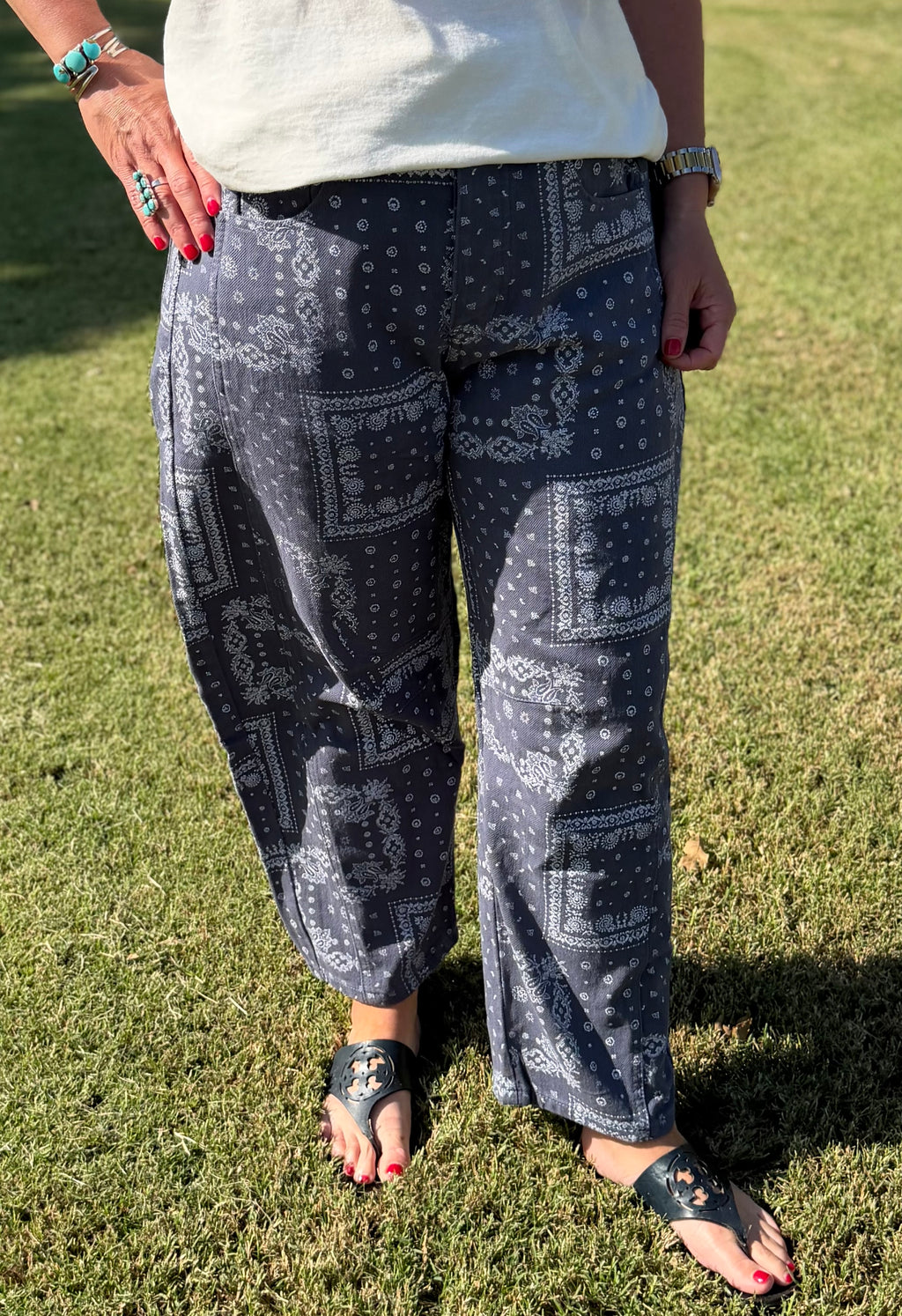 Bandana Print Barrel Jeans in Blue