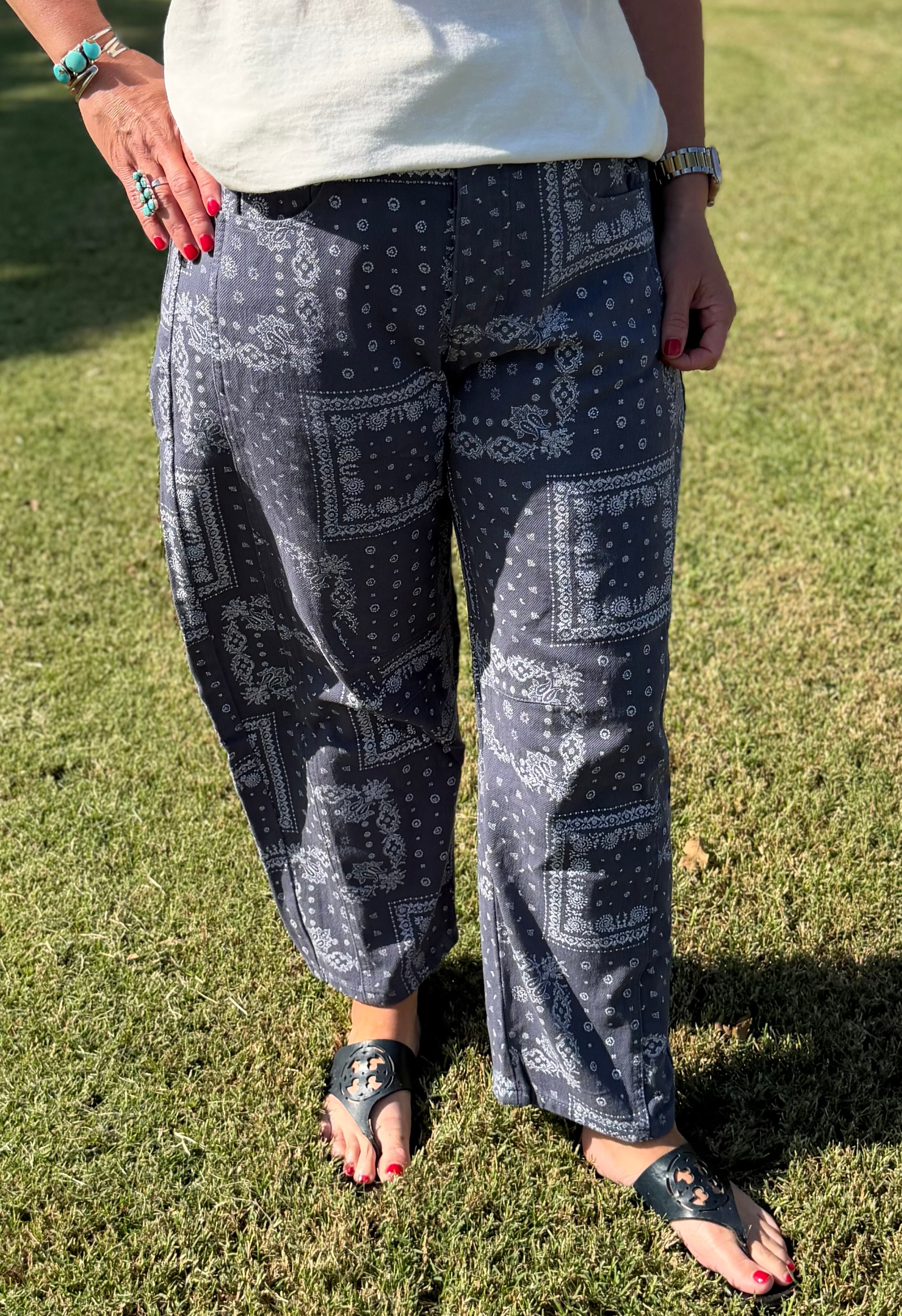 Bandana Print Barrel Jeans in Blue