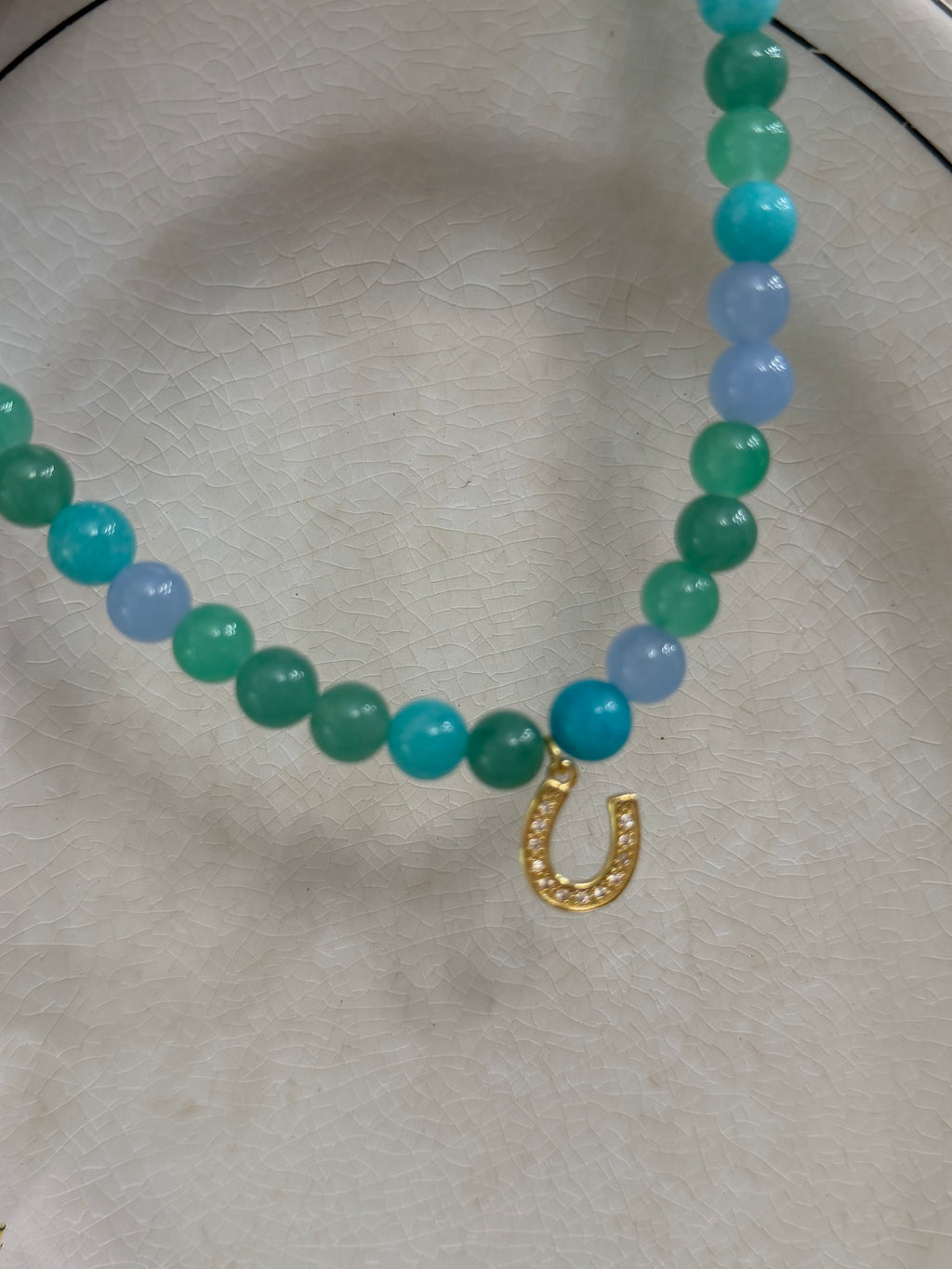 Blue Green Horseshoe Charm Beaded Necklace