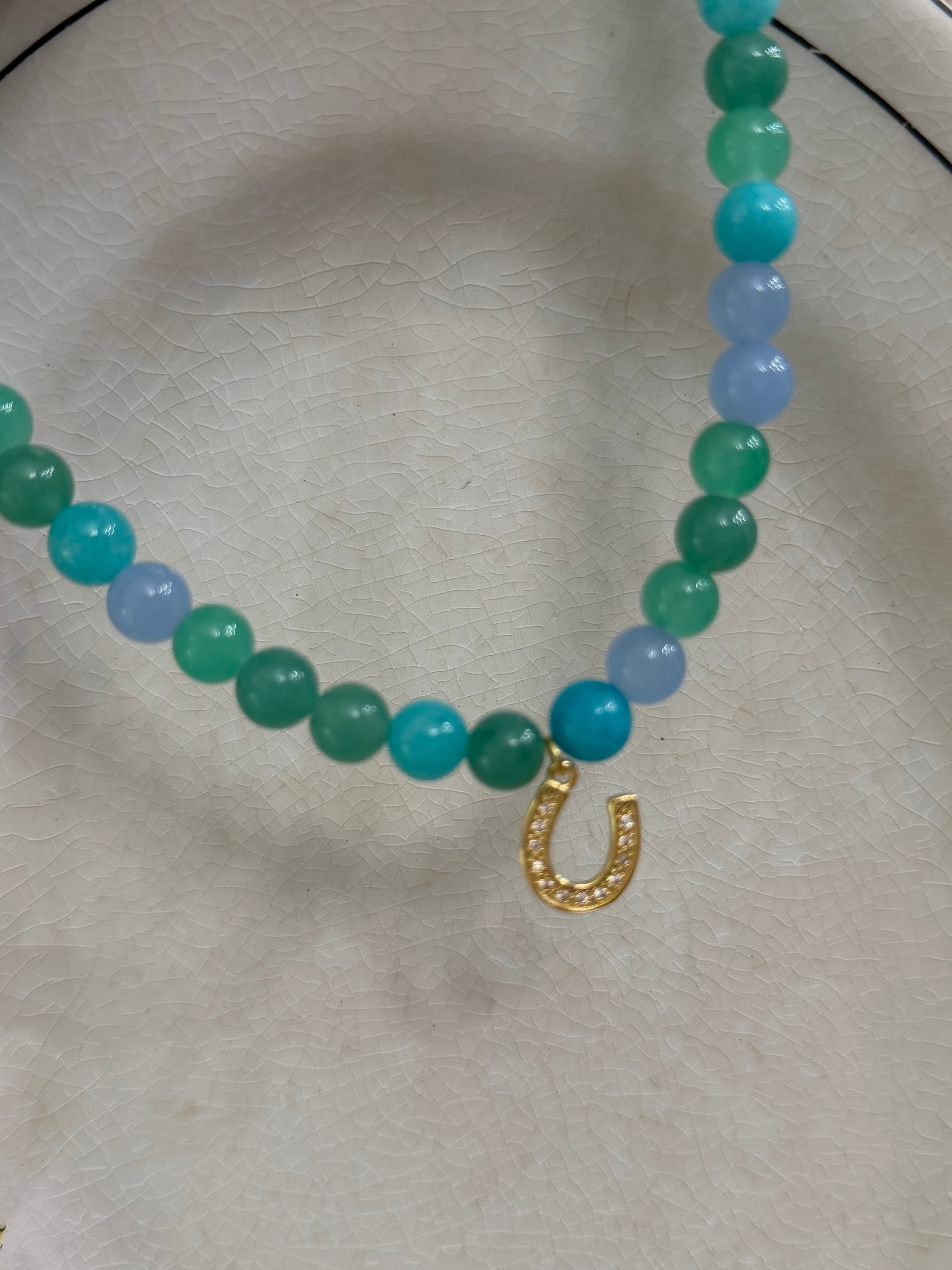 Blue Green Horseshoe Charm Beaded Necklace