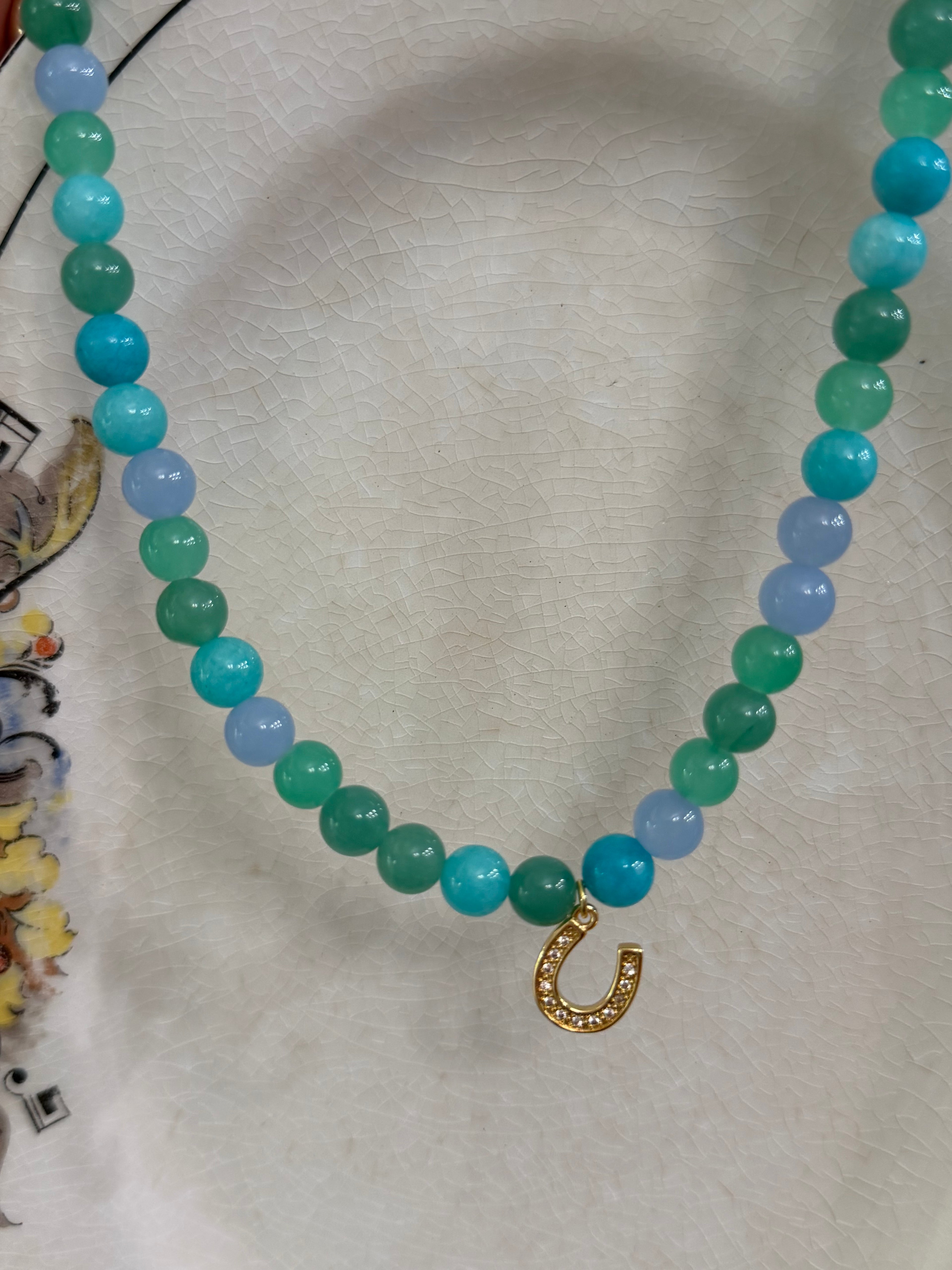 Blue Green Horseshoe Charm Beaded Necklace