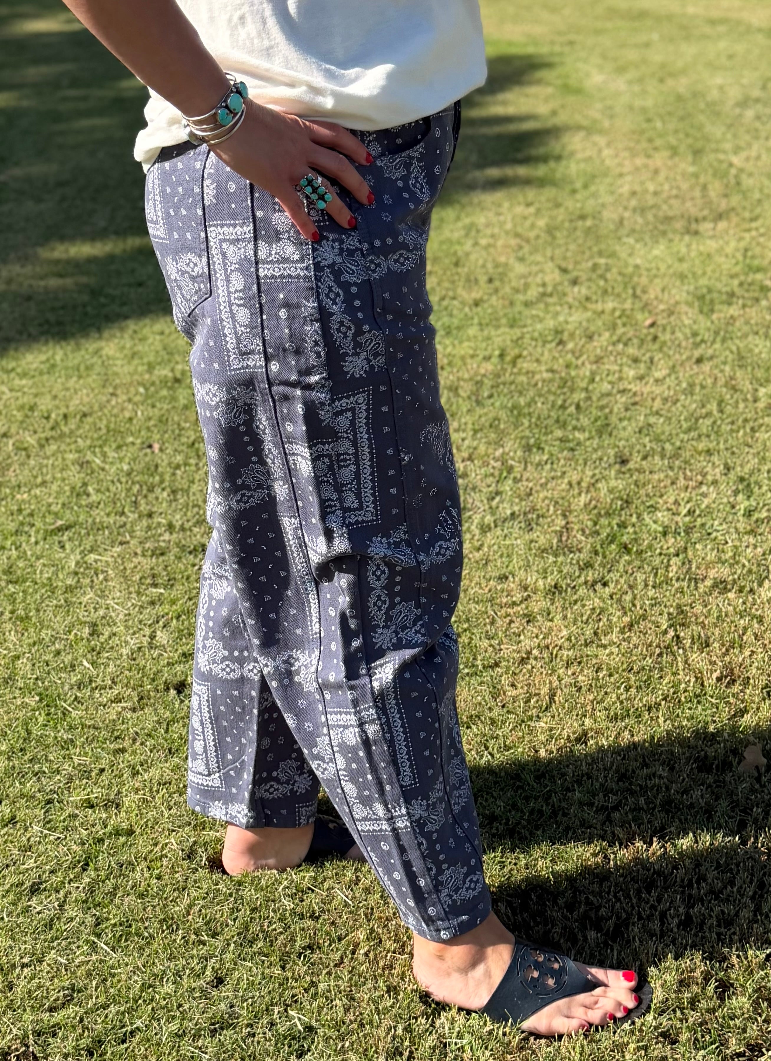Bandana Print Barrel Jeans in Blue