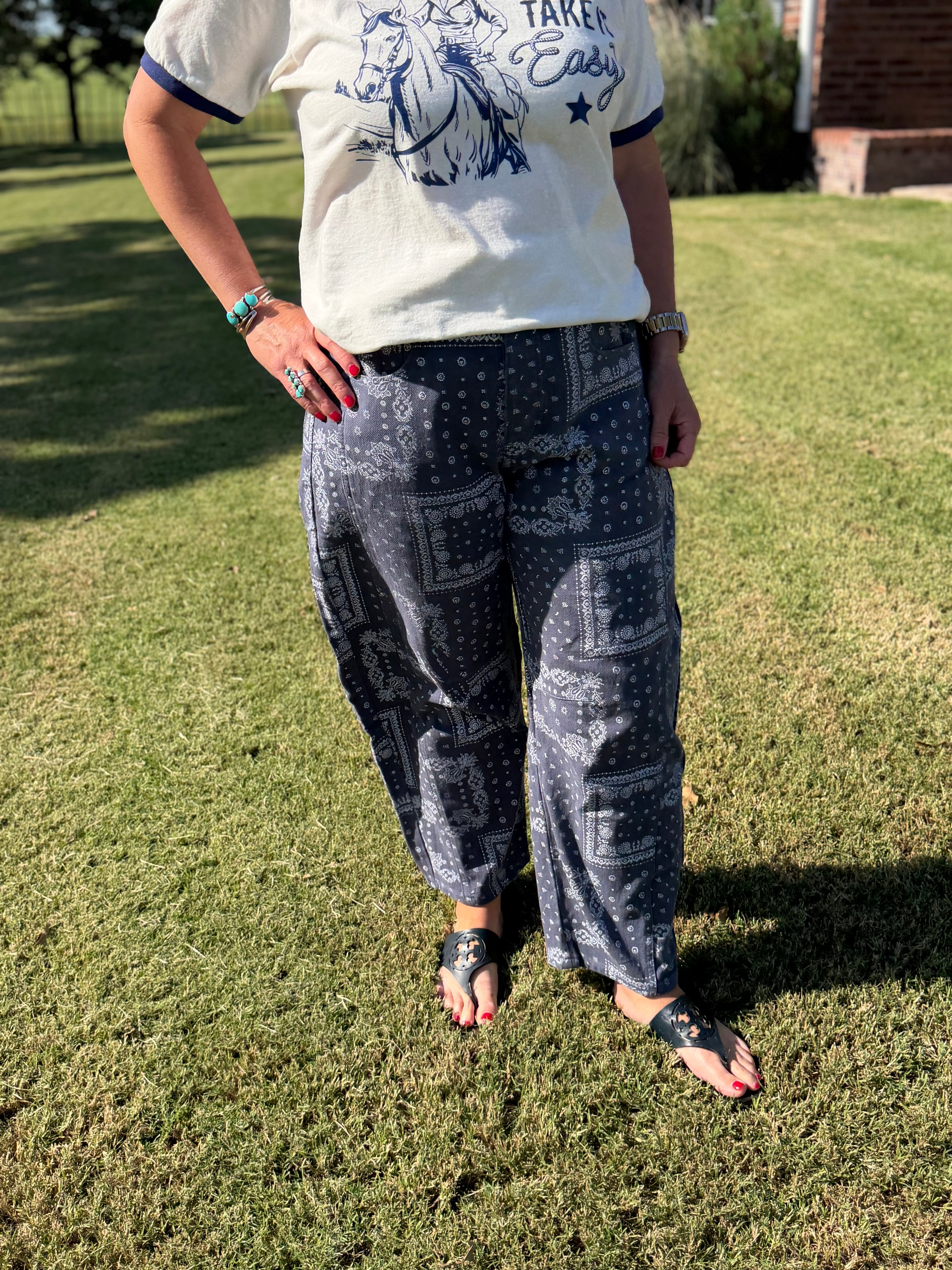 Bandana Print Barrel Jeans in Blue