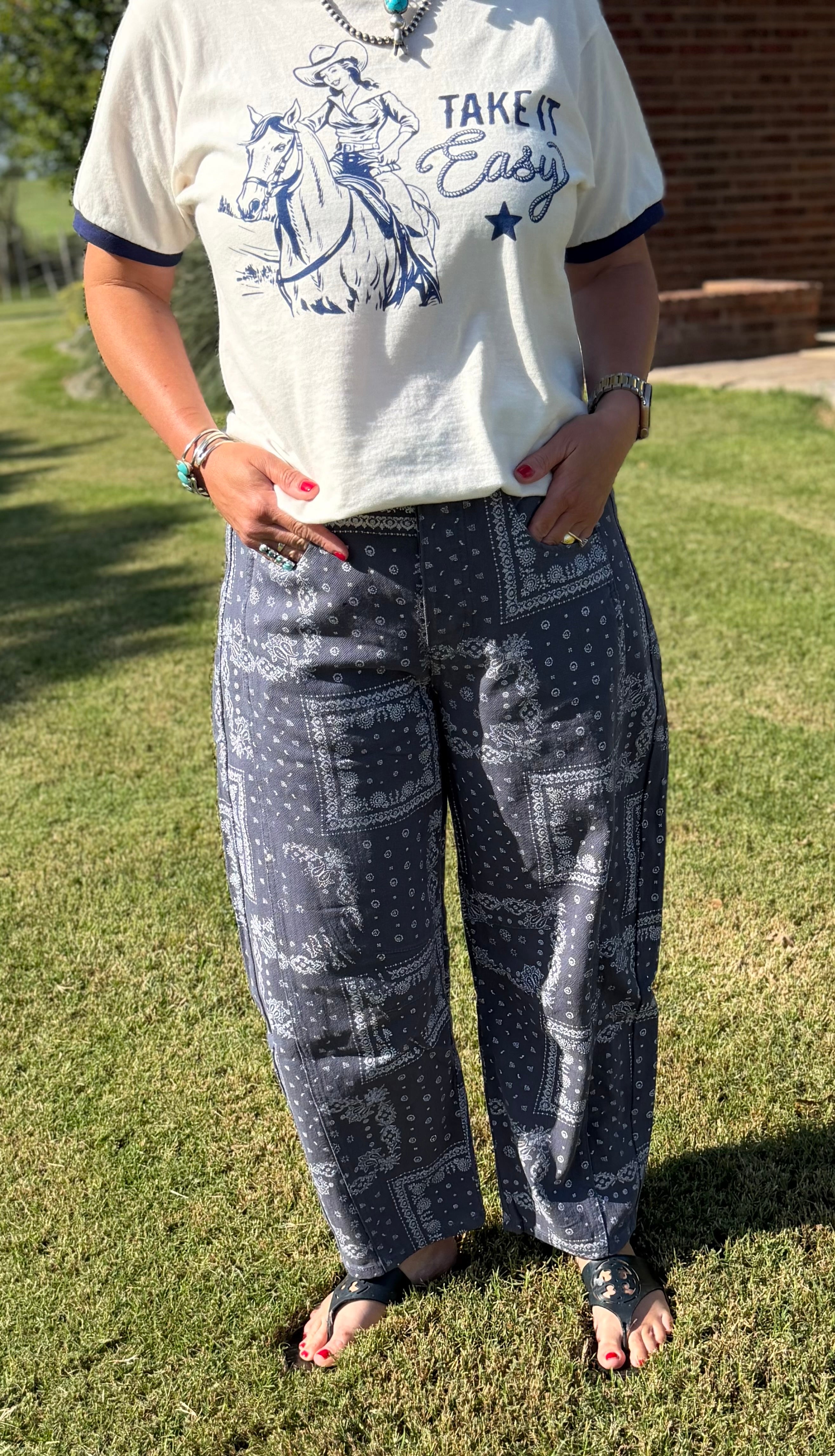 Bandana Print Barrel Jeans in Blue