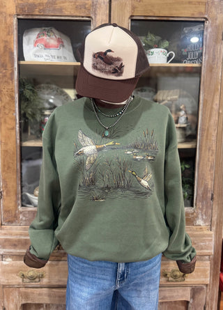 Flying Mallards Olive Crewneck