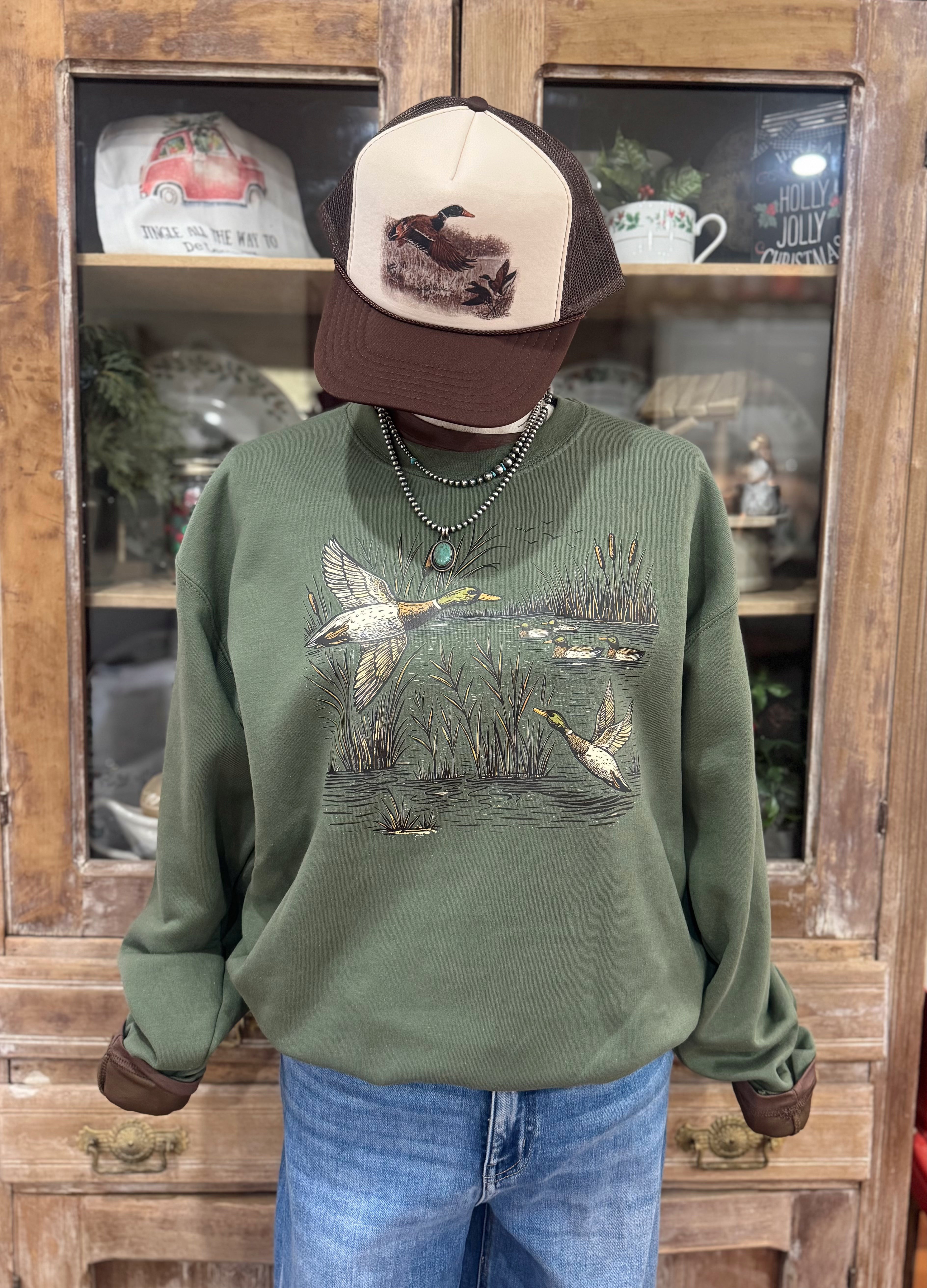 Flying Mallards Olive Crewneck